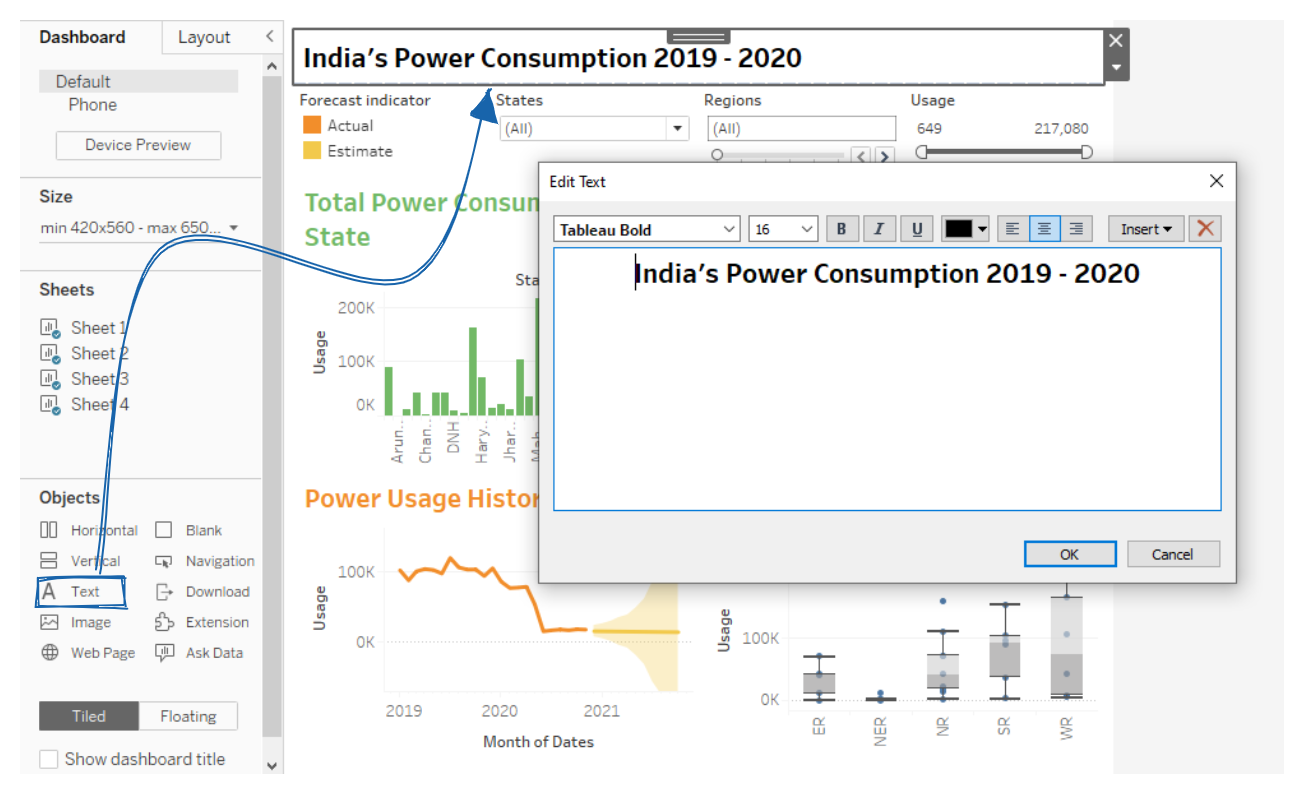 Adding the Text Object (Title) in Tableau