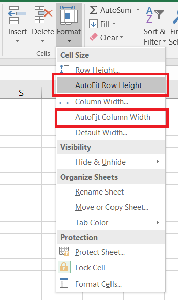 Under Cell Size, click AutoFit Column Width to adjust column width. (To adjust row height, click on Autofit Row height)