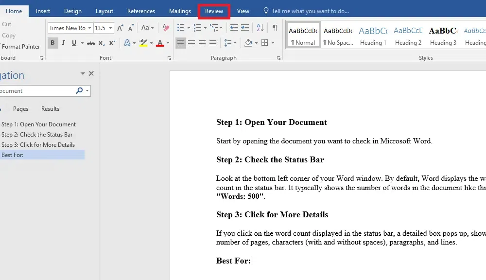 Word Count in Microsoft Word