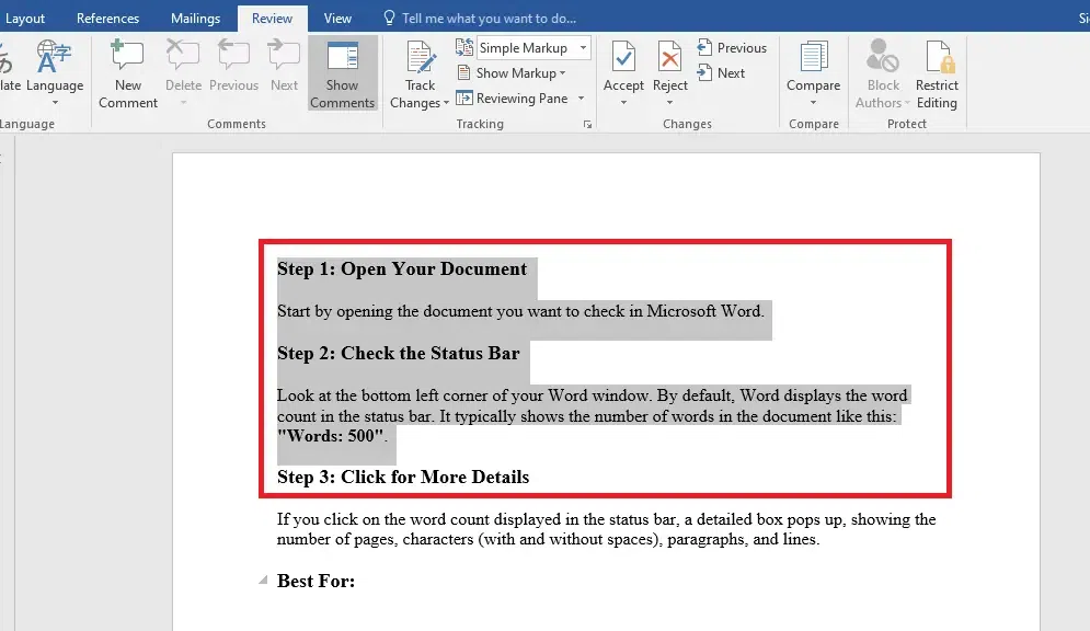 Word Count in Microsoft Word