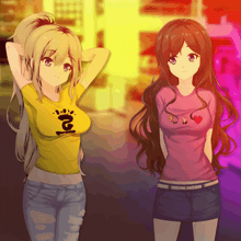 two anime girls are standing next to each other with one wearing a shirt that says ioi