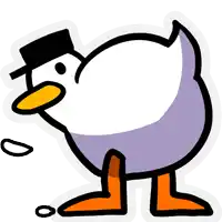 a cartoon drawing of a duck wearing a top hat and orange feet