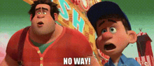 a couple of cartoon characters are standing next to each other and one of them is saying `` no way '' .