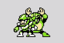 a pixel art of two green characters standing next to each other