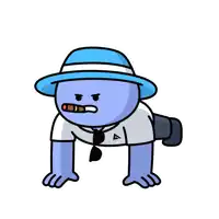 a cartoon character wearing a blue hat and a shirt with a triangle on it