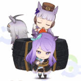 a girl with purple hair is tied to a tire while a horse looks on