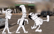 three cartoon characters are walking down a street and one of them has the letter rs on his back