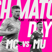two soccer players on a pink background with the words match day