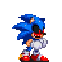 a pixel art of a sonic the hedgehog with red eyes standing on a white background .