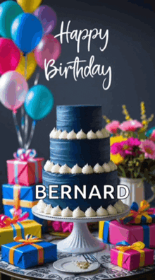 a birthday card for bernard with a blue cake and balloons