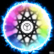 a colorful circle with a peace symbol in the center