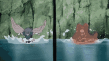 a cartoon of a man with wings and a cartoon of a bear in the water