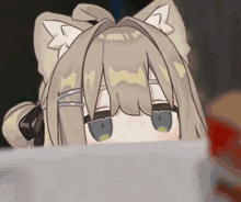 a girl with cat ears is peeking out from behind a laptop .