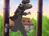 a man in a military uniform is running in front of a building