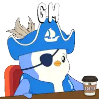 a cartoon of a penguin wearing a pirate hat and eye patch holding a cup of coffee