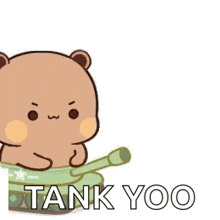 a cartoon bear is sitting on top of a green tank .