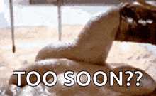 a close up of a snake with the words too soon written below it