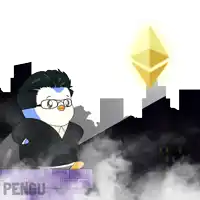 a penguin is standing on a brick wall with the word pengu on the bottom right