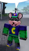a chuck e cheese character is wearing a purple hat