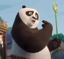 a panda bear from kung fu panda is holding a green flower in his hand .