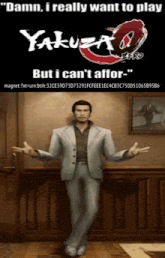 a man in a suit stands in front of a sign that says yakuza zero