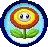 a pixel art of a flower with a face and leaves in a blue circle .