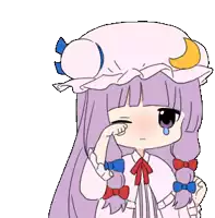 a cartoon of a girl with purple hair and a hat with a crescent moon on it