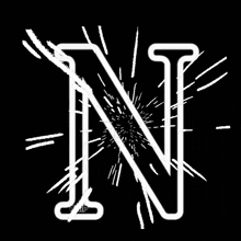 a white letter n on a black background with a burst of light coming out of it .