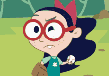 a cartoon girl wearing glasses is holding a baseball in her hand