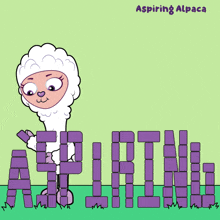 a cartoon of an alpaca holding purple blocks that spell aspiring alpaca