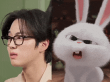 a man wearing glasses next to a picture of a rabbit