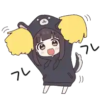 a girl in a bear costume is cheering with yellow pom poms ..