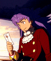 a cartoon character with purple hair is holding an envelope in his hand