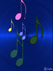colorful music notes on a blue background with a laska logo