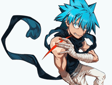 a cartoon character with blue hair is holding a red sword