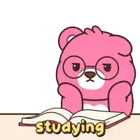 a pink teddy bear wearing glasses sits at a table reading a book with the word studying underneath it