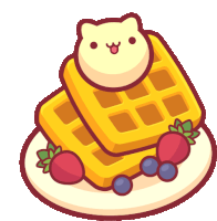 a stack of waffles with strawberries and blueberries on a plate with a cat on top .