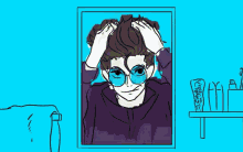 a cartoon drawing of a man wearing sunglasses and a purple hoodie