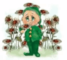 a cartoon of a leprechaun in a field of flowers .