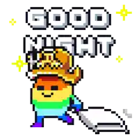 a pixel art character is holding a pillow and the words good night are above him