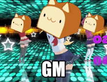 a cartoon girl with a box on her head is dancing on a dance floor with the words gm written on it .