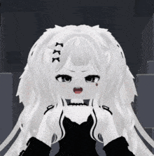 a girl with white hair and black gloves has three x 's on her hair