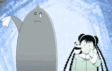 a cartoon of a girl with pigtails standing next to a cartoon character