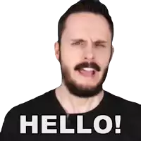 a man with a beard says hello in white letters