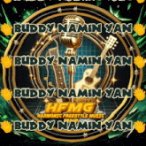 a logo for hfmg harmonic freestyle music shows a microphone and guitar