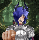 a girl with purple hair and horns is pointing at the camera