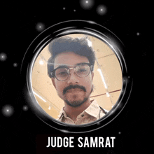 a picture of a man in a circle with the name judge samrat on the bottom