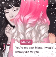 a girl with pink and white hair says maeve you 're my best friend