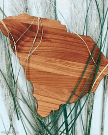 a wooden cutting board in the shape of a fish is surrounded by tall grass