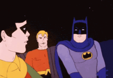 a cartoon of batman robin and aquaman talking to each other